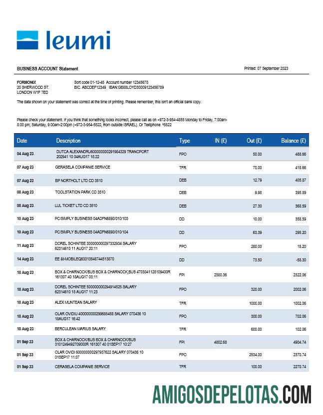 Imprimível Bank Leumi Business Statement modelo Word e PDF